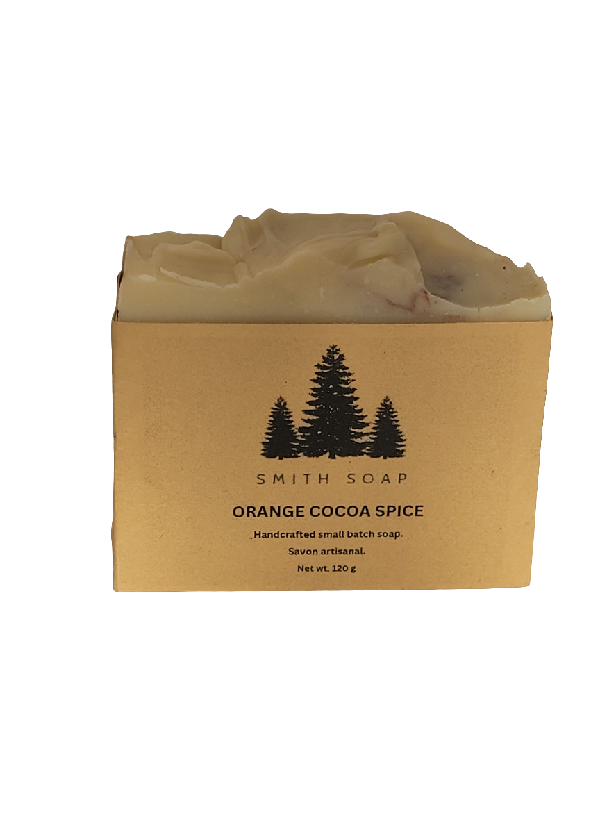 Bar of cream coloured soap with craft wrapper.